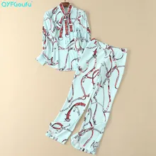 QYFCIOUFU High Quality Women Two Piece Set Vintage Bow Printed Long Sleeves Tops And Blouses Casual