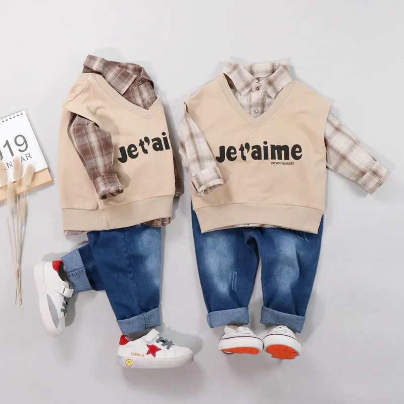 Осенние комплекты детской одежды клетчатая рубашка с длинными рукавами для маленьких мальчиков хлопковый жилет+ джинсы комплект одежды из 3 предметов, одежда для малышей