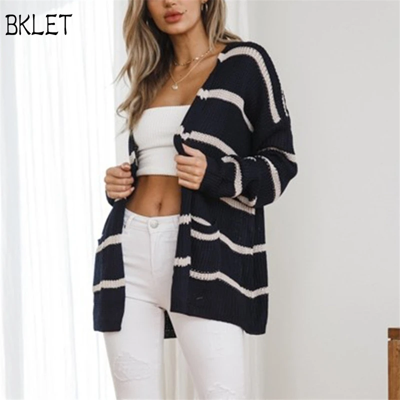 2018 New Causal Women Sweaters Cardigan Open Stitch Stripe Long Outwear With Pockets Winter Warm Girl Sweater Coat Pull Femme |