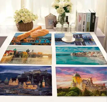 

Printed Linen Placemat Place mat Table Mat watery city beauty polyester Dinner table mat Coaster Home Dec wholesale FG969