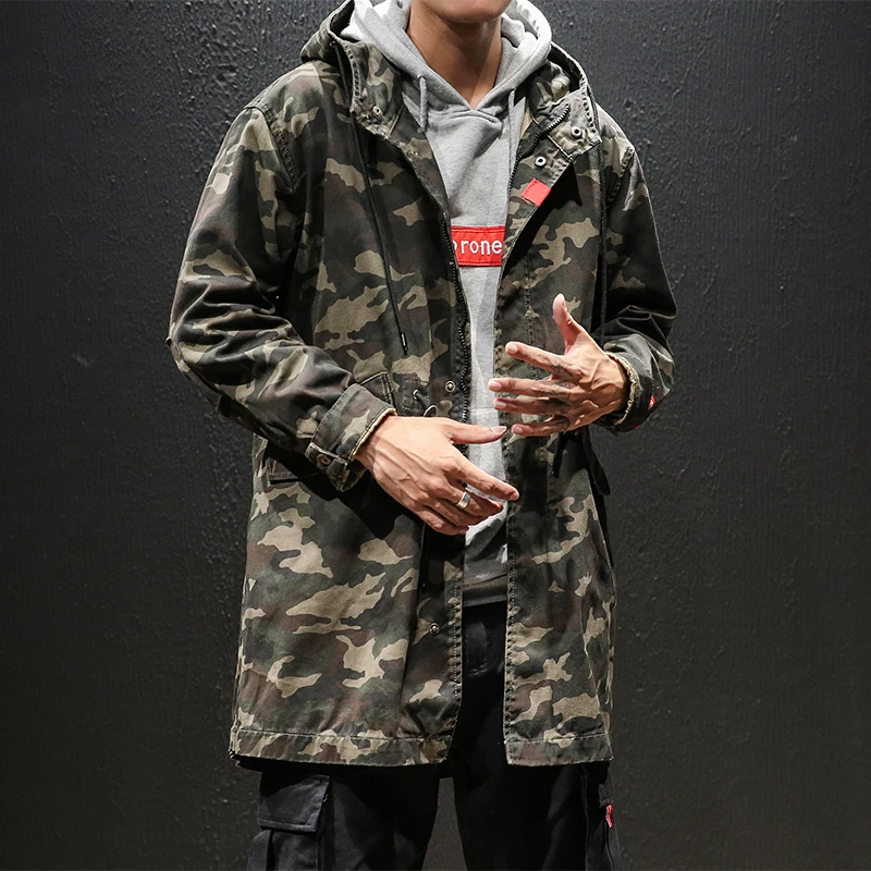 

YASUGUOJI New 2019 Japan Style Jeans Men Jacket Fashion Camouflage Mens Denim Trench Coat Men Loose Long Jacket Men Windbreaker