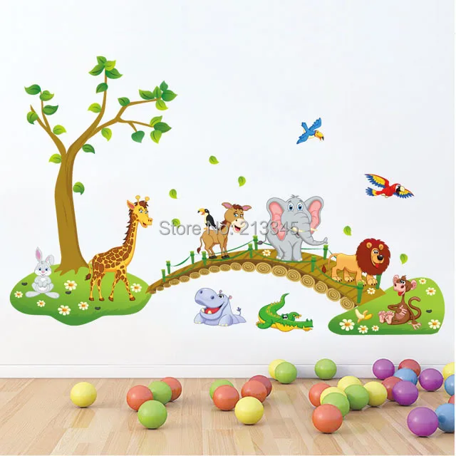 [Fundecor] мультфильм diy лошадь Жираф Животные через мост наклейки на стену для детской комнаты детские настенные наклейки домашний декор
