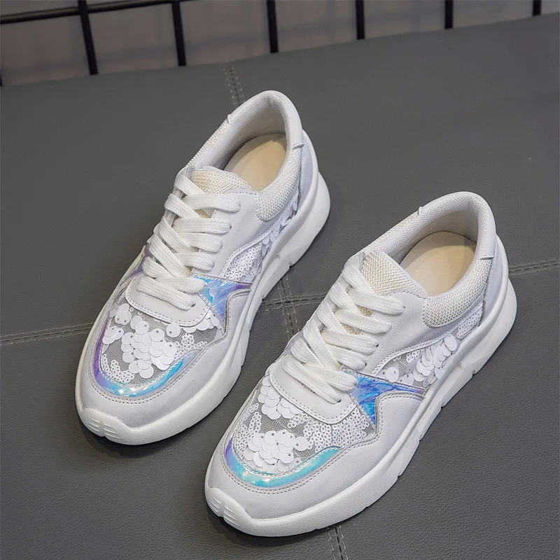 

EARTH STAR 2018 Casual White Shoes Women Brand Glitter Sneakers Lady footware Autumn Female Sequins chaussure Girl Flats Bling
