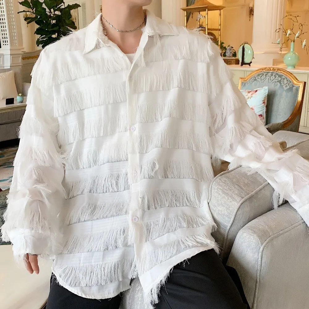 

Casual Black White Shirt Male Women Streetwear Hip Hop Party Dress Shirts Fashion Long Sleeve Loose Lovers Shirts Men Tassels