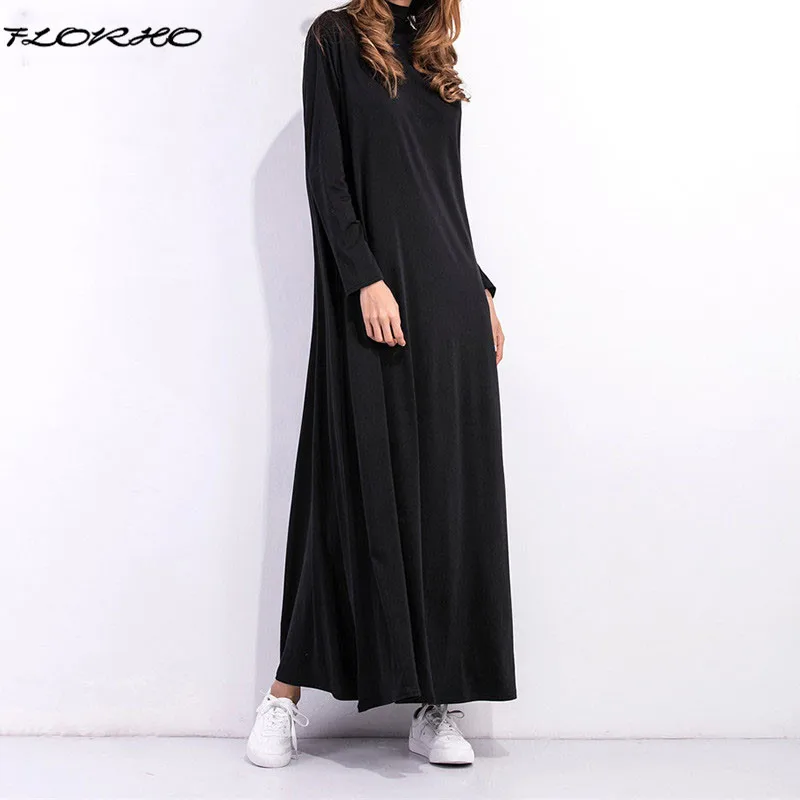 

Vestidos 2017 Autumn ZANZEA Women Oveisized Maxi Long Dress Turtleneck Long Sleeve Solid Casual Loose Black Dresses Plus Size