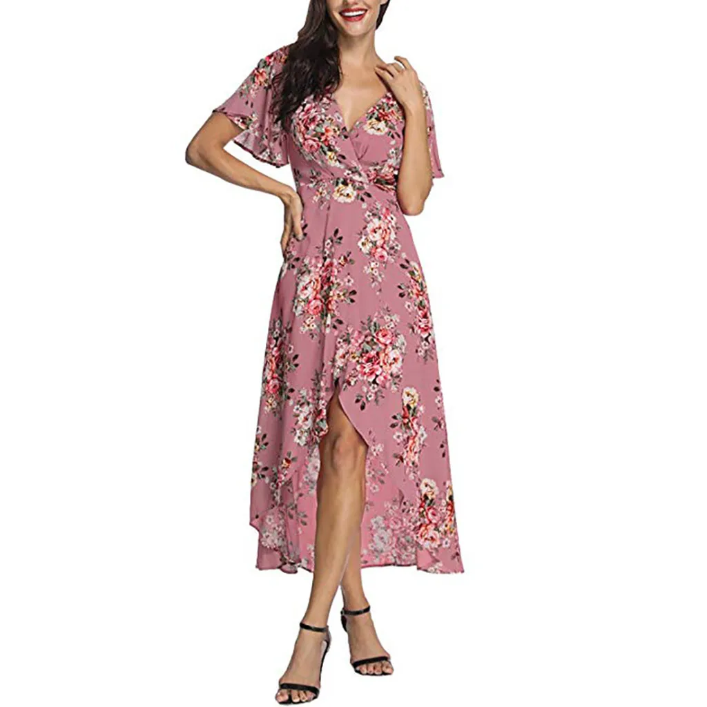 TELOTUNY Ladies Dress Women Summer V Neck Short Sleeve Floral Print Beach Party Wedding Long Dress Women Dress Fashion Hot Jan22 - Цвет: Pink