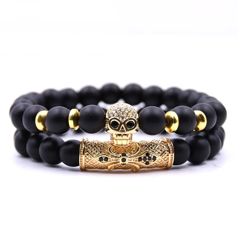 

2018 new punk Metal Smile Skull Bracelets 2pcs/Set Elastic Black Beads Chain Skeleton Men Bracelets Sets Male Hand Accessories