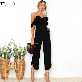 

Fashion collar black jumpsuit ladies ruffled ruffled high waist jumpsuit khaki split casual suit ladies 2018 new summer jumpsuit