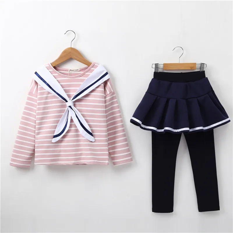 

DFXD Preppy Style Children Girls 2pcs Clothing Sets 2018 Spring New Arrival Striped Long Sleeve Top+Skirt Pant Teens Outfits