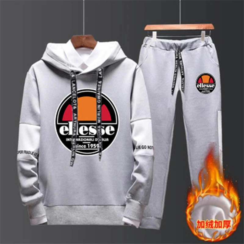 

Casual Tracksuit Mens set Winter Brand Two Piece Sets All Cotton Inner Fleece Thick Hooded 2PC Jacket + Pants Sporting Suit Male