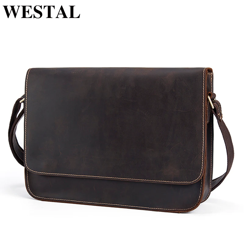 Billige WESTAL Messenger Tasche männer Schulter Tasche Aus Echtem Leder Casual Männlichen mann aktentaschen laptop umhängetaschen für Männer handtaschen 9022