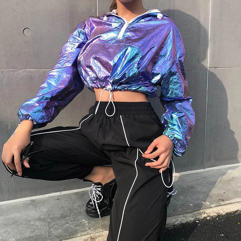  Bling Laser Holographic Hooded Jacket Casual Hoodies Tops Fashion Women Long Sleeve Elastic Drawstr