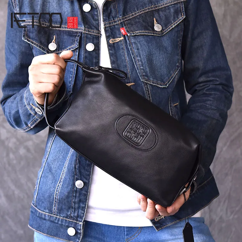 AETOO Retro trend models Chinese style men's leather handbag leather handbag large capacity hand bag