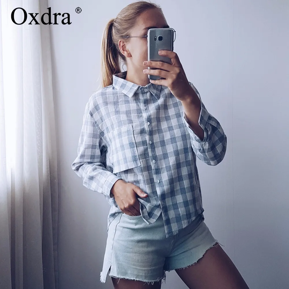 

Oxdra 2018 Spring Summer New Women Fashion Plaid Print Blouse Long Sleeve Blouse Loose Casual Blouses Tops For Female