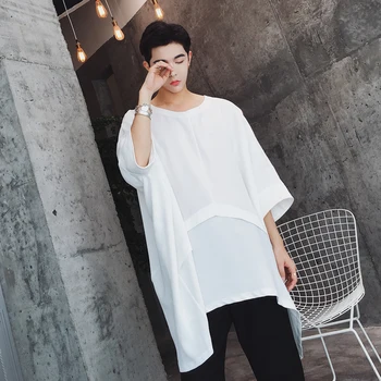 

2018 Men's Summer Loose Long Short Sleeve Special splicing super loose T-Shirt Fashion Short Sleeve Middle Mid Sleeve
