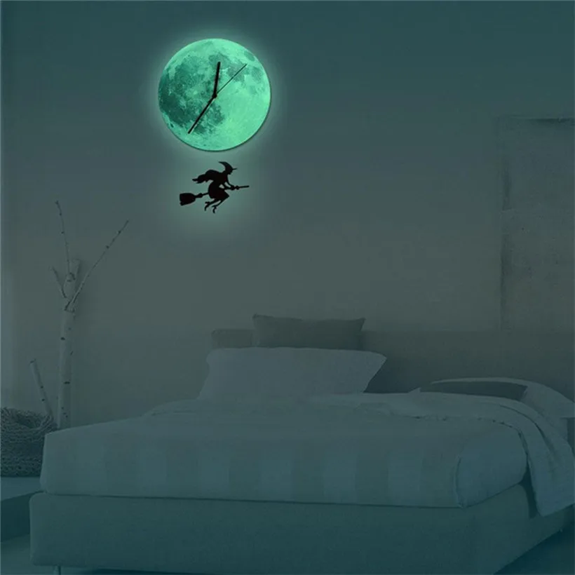 Горячая Распродажа Хэллоуин ночь лунные часы мультфильм светящиеся Луна настенные часы украшение для дома часы Прекрасный B035
