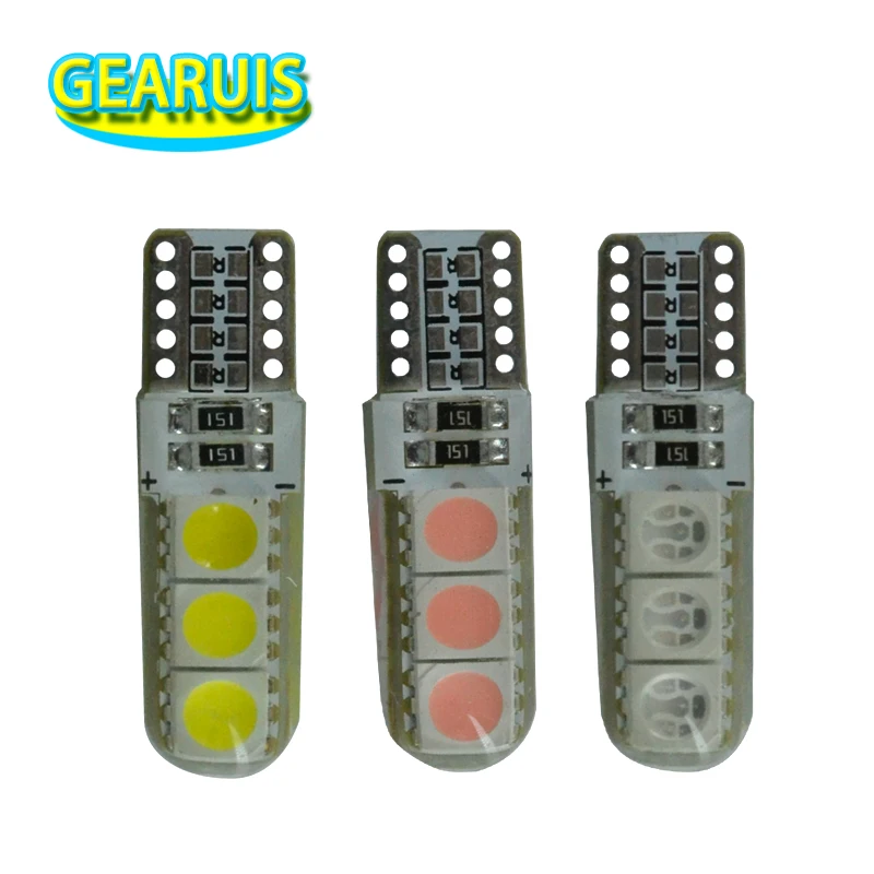 

T10 светодиодная Силиконовая Водонепроницаемая 6 SMD 5050 W5W клиновидная боковая лампа для чтения лампа для автомобиля источник света белый синий красный зеленый 12V