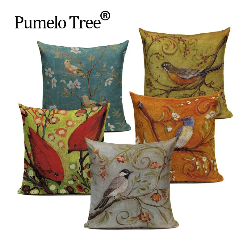 

High Quality Linen Cotton Vintage Fabric Cushions Painting Bird Almofadas 45Cm Square Home Decor Pillows Printing Cushion cover