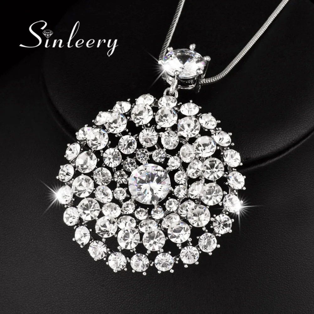 

SINLEERY Luxury Sparkling BLack&White Cubic Zirconia Big Circle Pendant Long Necklace For Women Statement Maxi Jewelry MY022 SSB