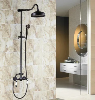 

Black Oil Rubbed Bronze Wall Mounted 8" Bathroom Rain Shower Faucet Set Double Handle + Hand Shower Crs814