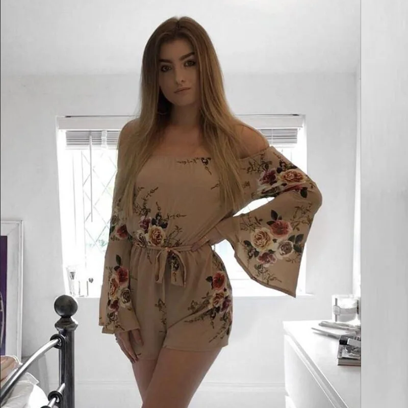 TEMOFON сексуальная Slash шеи Playsuit печати Для женщин комбинезон Детский свободные