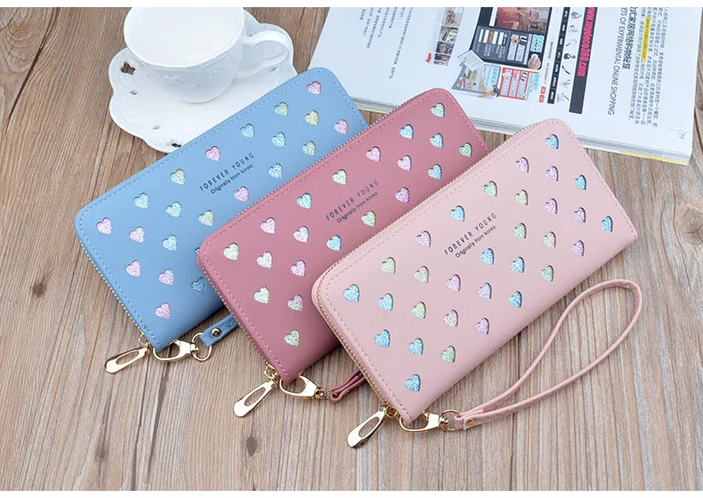 Leather women's wallet New cute Love color hollow large capacity Purses women Solid color purses Long Love zipper female wallet