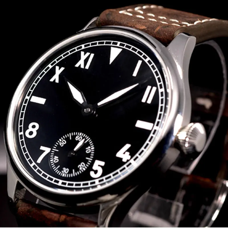 

44mm parnis Black Dial Brown Leather strap 6498 Hand Winding Movement men's Watch