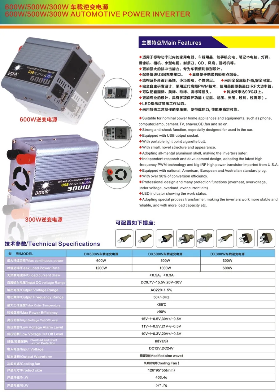 DOXIN 500 Вт USB Инвертор 12V24V к 110V220V автомобильный домашний Инвертор преобразователь мощности