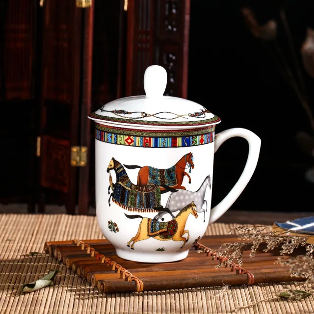 High bone China oriental horse office teacup with cover Jingdezhen ... High bone China oriental horse office teacup with cover Jingdezhen ...