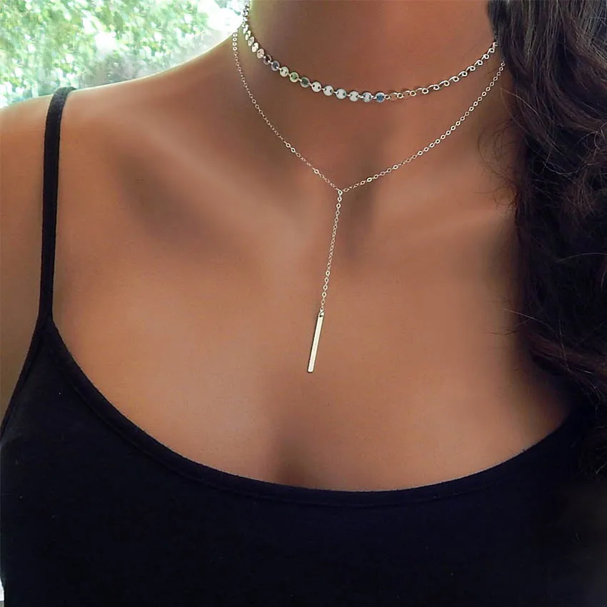 Novas Mulheres Simples bar moeda de prata Corrente de Ouro Gargantilha Colar chocker Jóias collana Joyas Bijoux Femme mujer Collier du ras cou