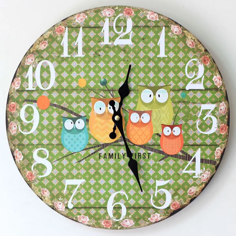 35cm Fashion Vintage Round Wooden Owl Wall Clock Wall Decor Wooden