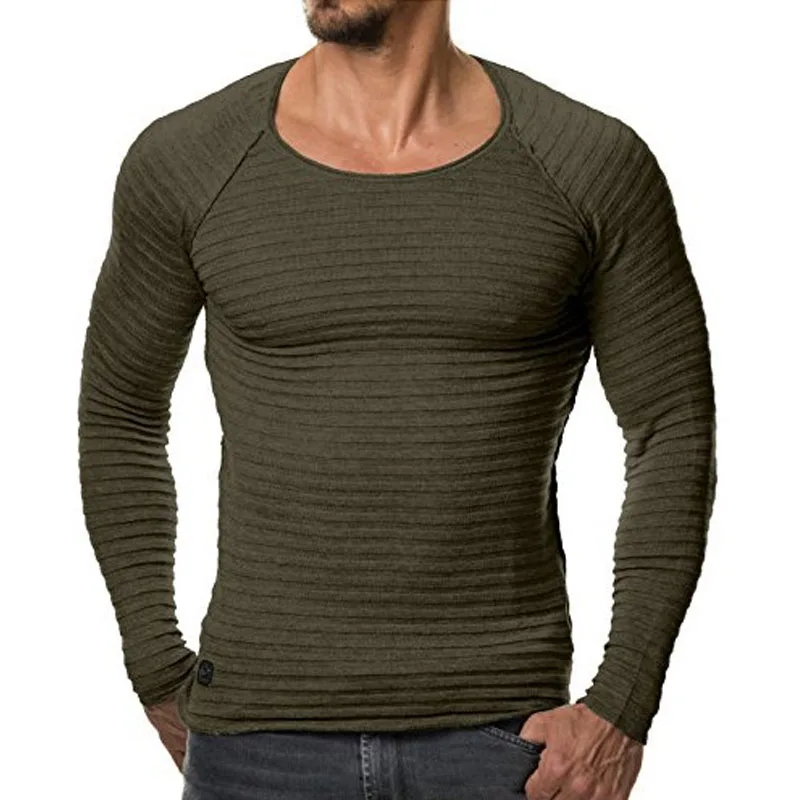 Мужские свитера, Осень-зима, вязаный свитер, мужские полосатые свитера с длинным рукавом, однотонный облегающий Мужской пуловер Sueter Hombre - Цвет: Армейский зеленый