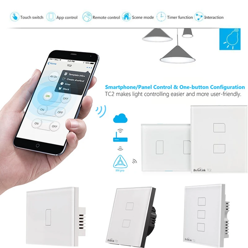 

New WiFi Broadlink TC2 Smart Wall Light Switch 123 Gang Home Automation Remote Control Via RM Pro Touch Screen APP IOS Android