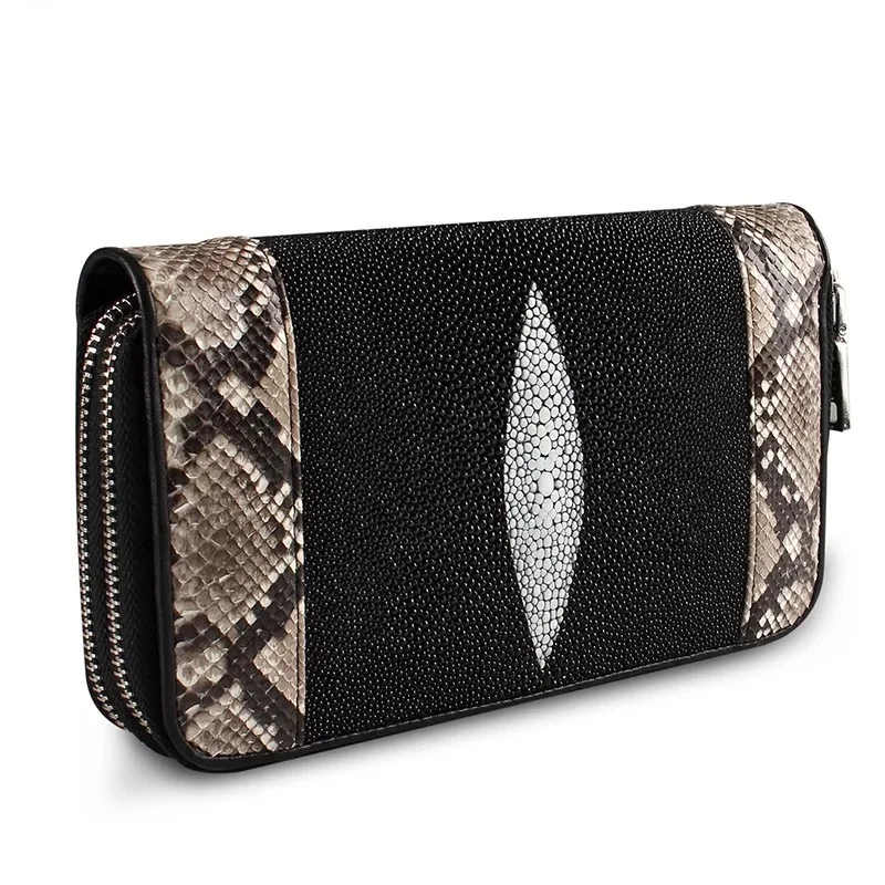 

Exotic Genuine Stingray Leather Two Zippers Closure Large Card Purse Python Snake Skin Women's Wristlets Bag Lady Clutch Wallet