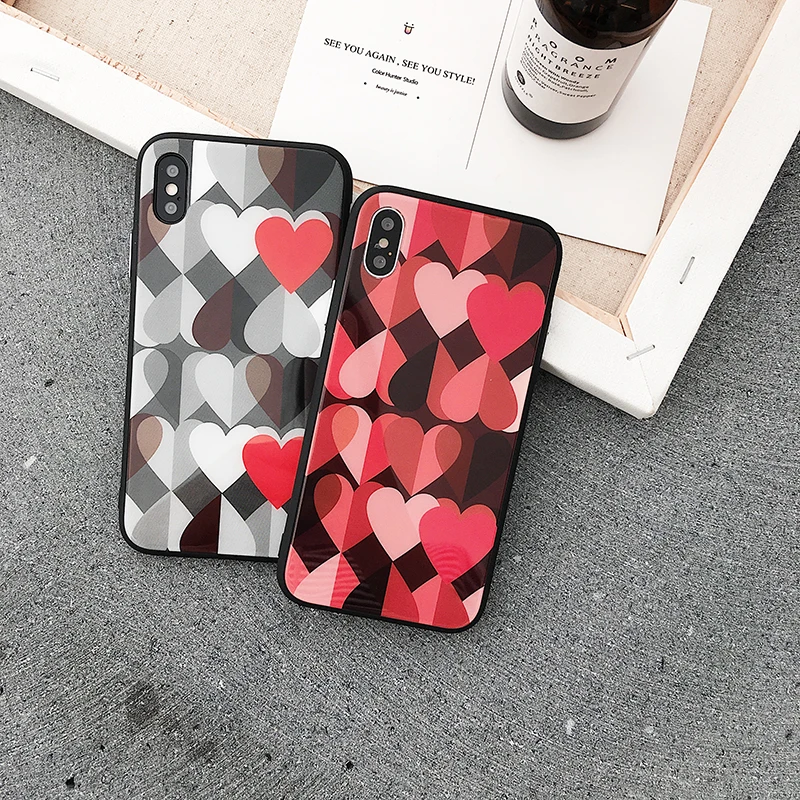 

Tempered Glass Phone Case For iPhone 7 Plus Luxury Lovely Heart Painted Cover Case For iPhone 7 8 Plus X Xs Max XR Cover Coque