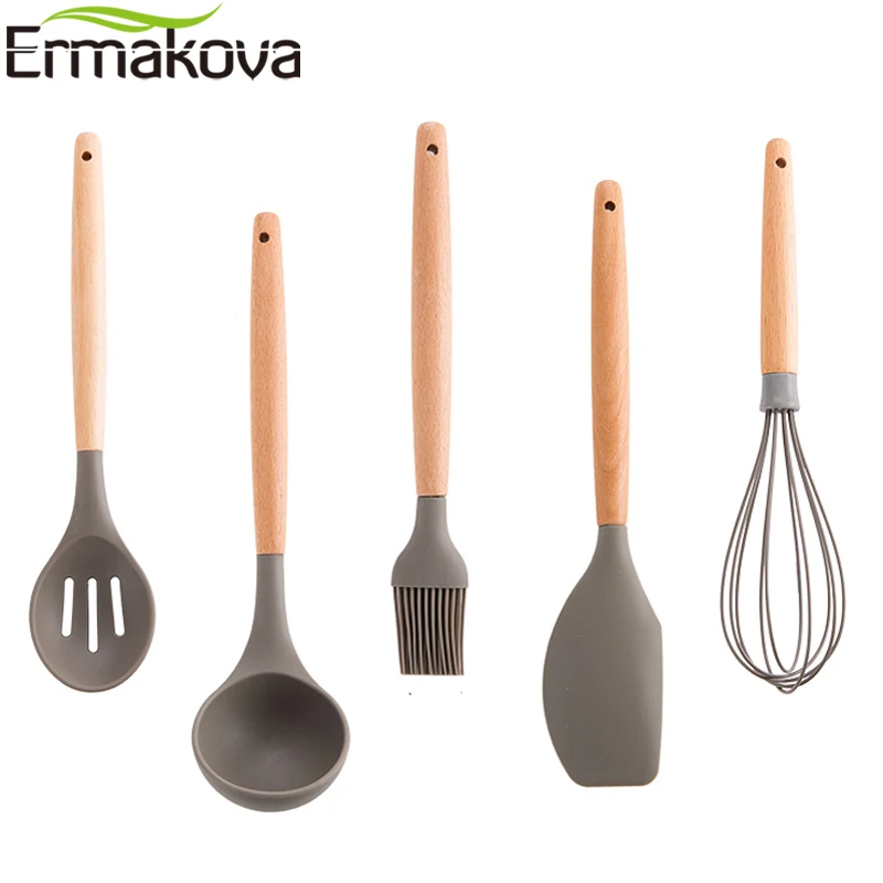 ERMAKOVA Silicone Kitchen Baking Cooking Tools Non-Stick Heat Resistant Slotted Spoon Scraper Ladle Brush Whisk with Wood Handle