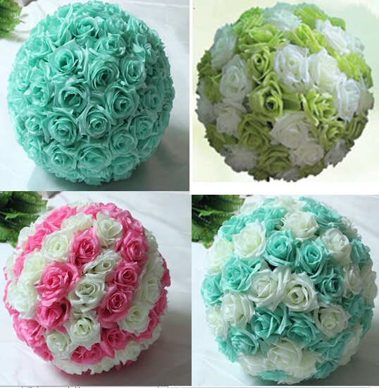 615cmBlueFlowersBallSilkRoseWeddingKissingBallsPomandersMint