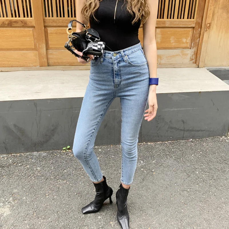 Винтаж Fit Высокая талия джинсы для женщин эластичные Femme промывают синие Узкие