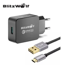 BlitzWolf EU Certified Quick Charge 3.0 Black Charger Adapter With Double Sided Black Micro USB Cable For Samsung For Android