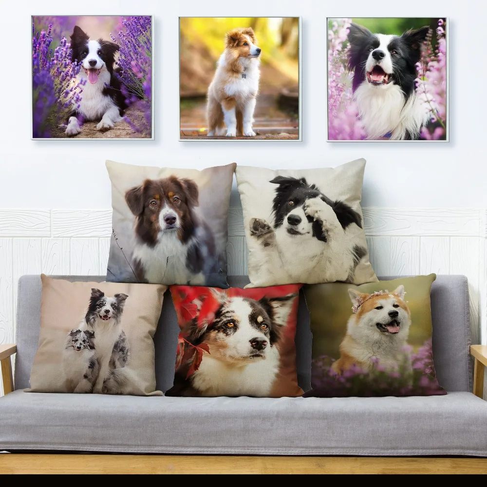 

Pet Dog Border Collie Labrador Print Throw Pillow Cover 45*45 cm Cushion Cover Linen Pillows Cases Sofa Home Decor Pillow Case
