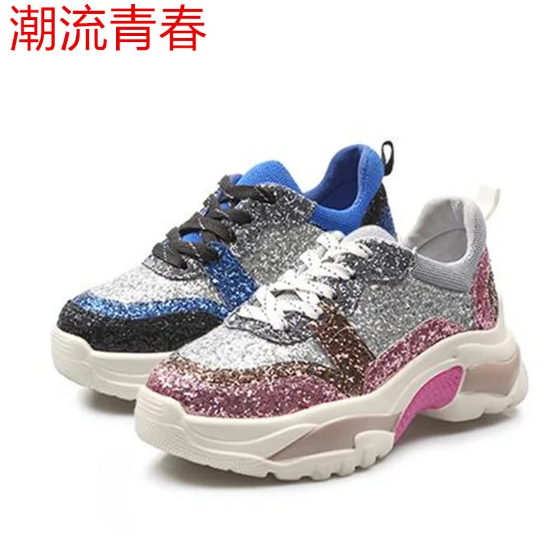

Women Glitter Platform Sneakers 2019 new Fashion Women's Chunky Shoes Woman Triple Sole Metallic Sequins Bling Footwear