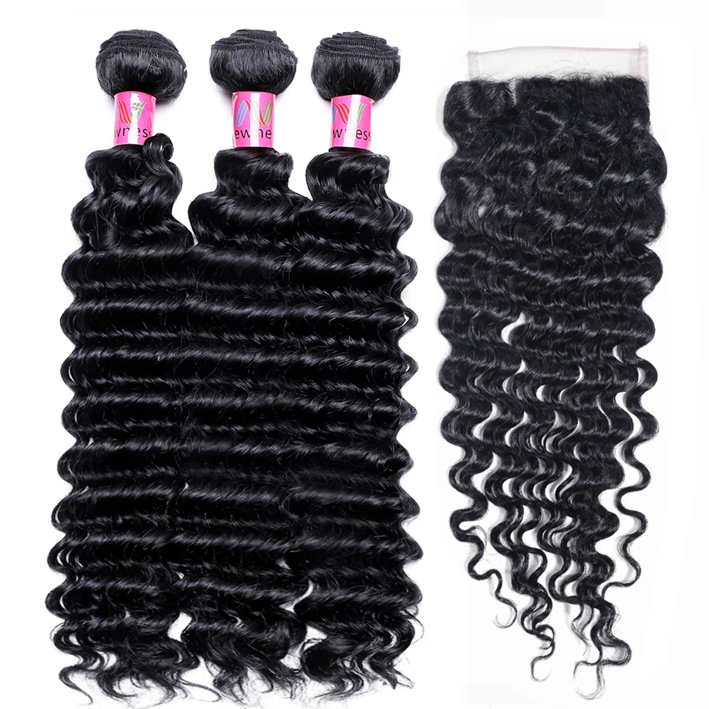 

Indian Deep Wave 3 Bundles with Closure 100% Human Hair Extension 8A Remy Natural Color Bundles with 4*4 Lace Closure NEWNESS