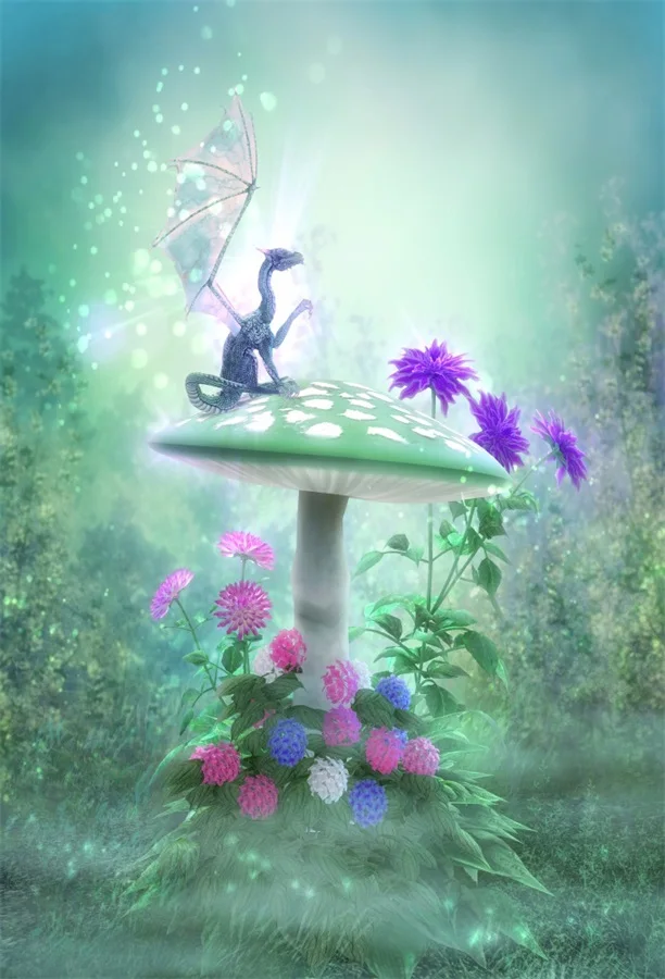 

Laeacco Fairytale Dragon On Mushroom Hazy Forest Photography Backgrounds Vinyl Custom Photographic Backdrops For Photo Studio