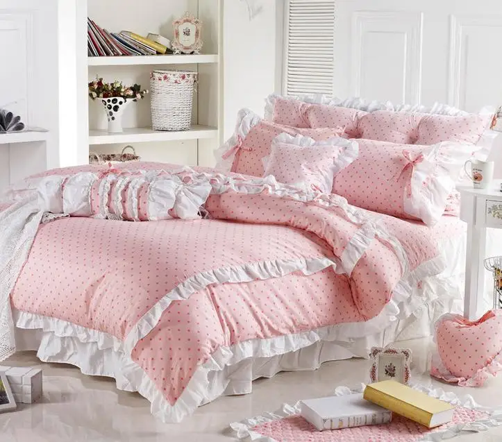 Winlife Cute Korean Pink Polka Dot Comforter Sets White Winlife Cute Korean Pink Polka Dot Comforter Sets White Lace S Princess Duvet Cover Set Designer Fairy Bedding In From Home