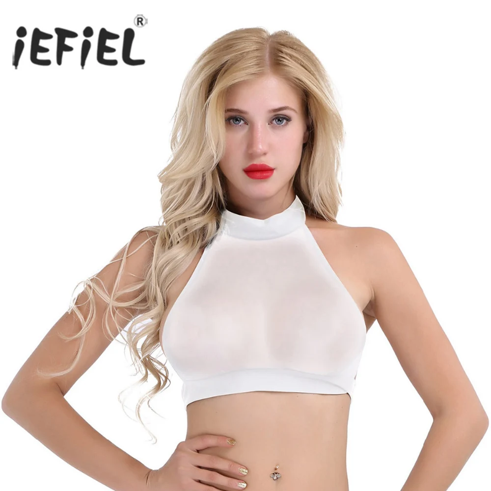 Iefiel Women Female Sexy Clubwear Backless Sheer Mesh Halter Neck Cami 