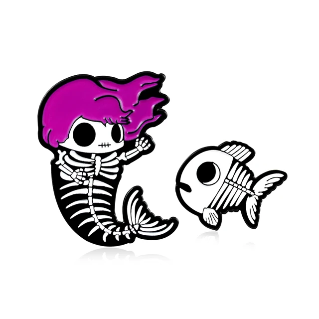 Зомби пират Русалка рыбья кость брошь Светящиеся в темноте Русалка скелет и рыбные кости Эмаль Булавка личности значок фантазия подарки - Окраска металла: set