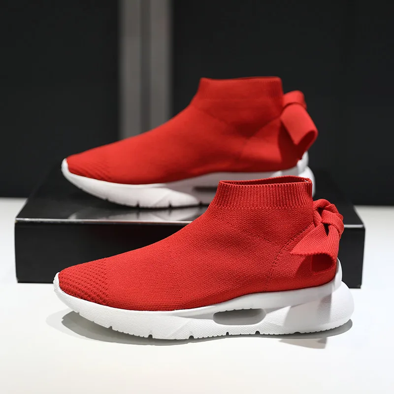 

Knot Women Boots Pointy Toe Shoes Woman Slip-on Knitting Sneakers Zapatos De Mujer Pointy Toe Casual Flats For Lady Platform 40