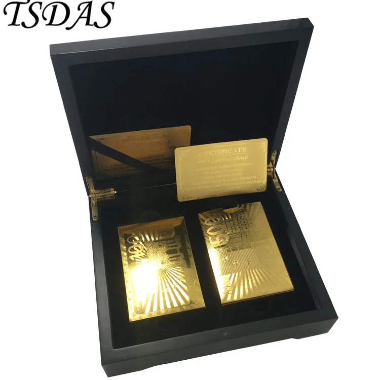 

2 Sets 999 Gold EURO 500/100 24K Gold Playing Cards Pack in Black Wooden Box, Poker Set Free Shipping