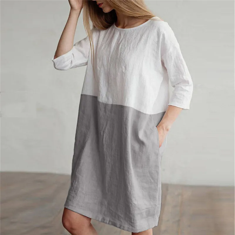 

2019 Dress Women Casual Patchwork 1/2 Sleeved Cotton Linen Dress Oversize Loose Pockets Tunic Dress Women A#10