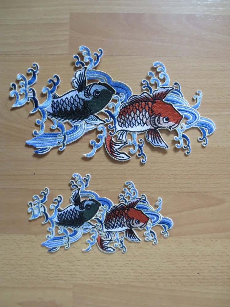 

Pair of Chinese carp ethnic style large Embroidery Patches for Jacket one big and one small Carps Jumping over the Dragon Gate